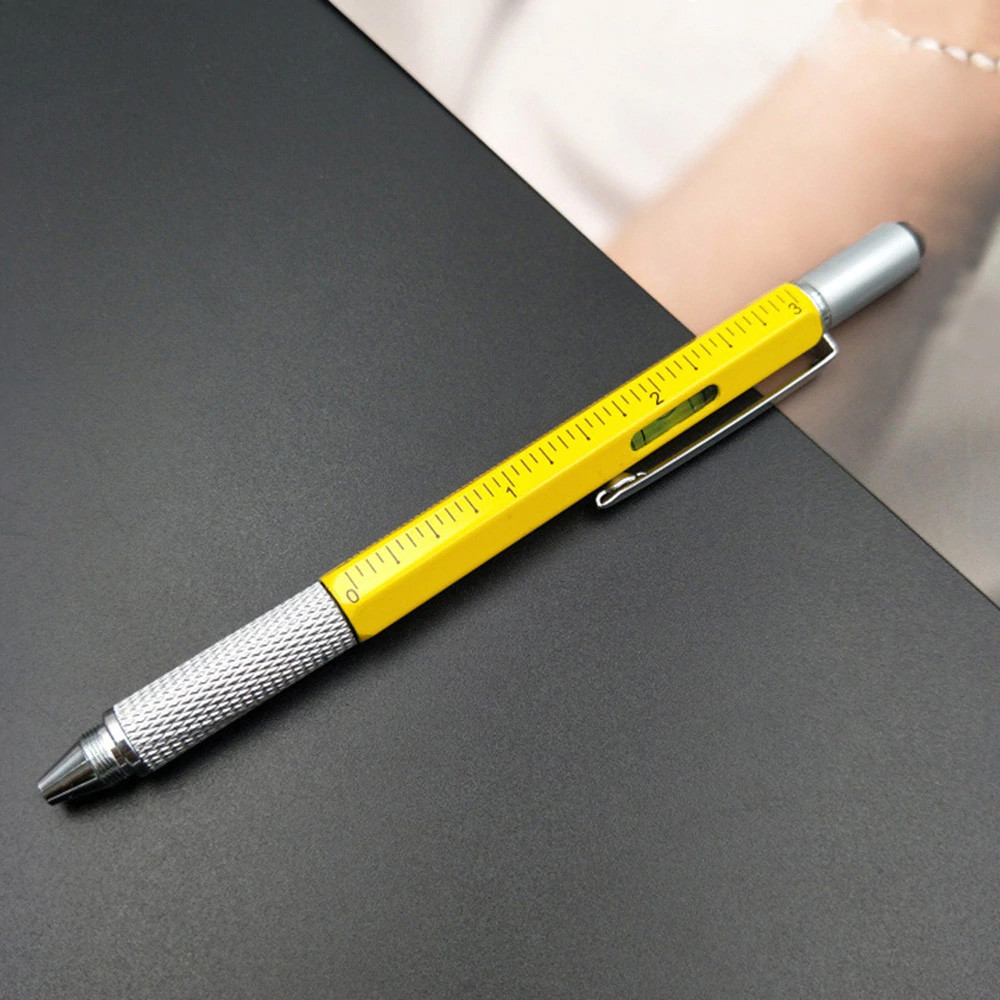 6 In 1 Multi-Functional Stylus Metal Ruler Pen with Level & Screwdriver yellow