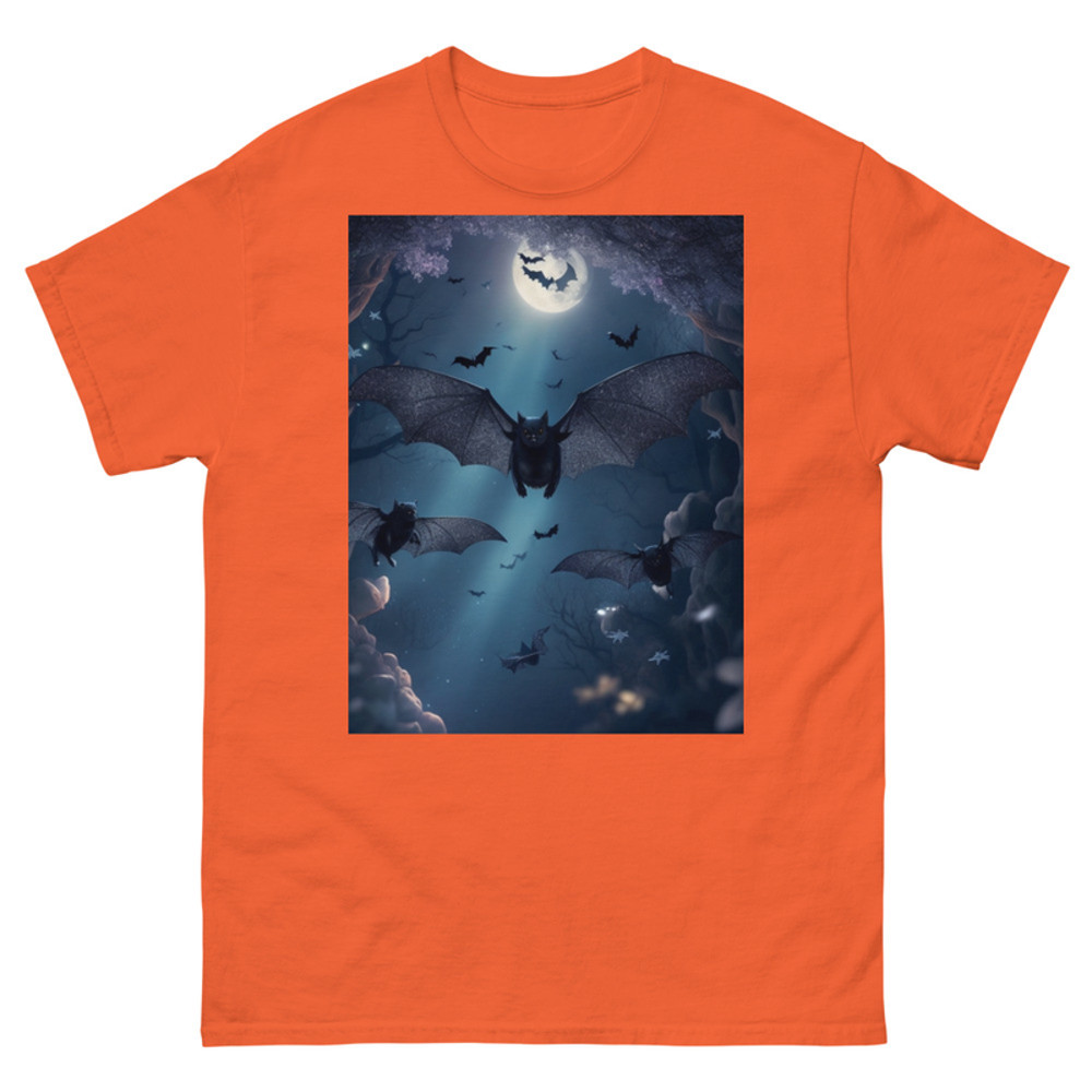 Mens Classic Tee Cute Black Bats Flying in Sparkles Forest Ocean Art T-shirt