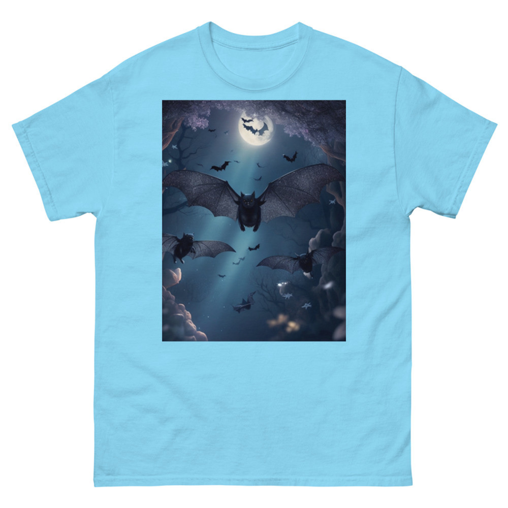 Mens Classic Tee Cute Black Bats Flying in Sparkles Forest Ocean Art T-shirt