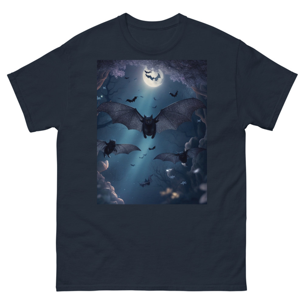 Mens Classic Tee Cute Black Bats Flying in Sparkles Forest Ocean Art T-shirt