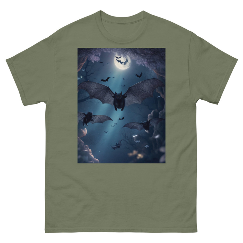 Mens Classic Tee Cute Black Bats Flying in Sparkles Forest Ocean Art T-shirt