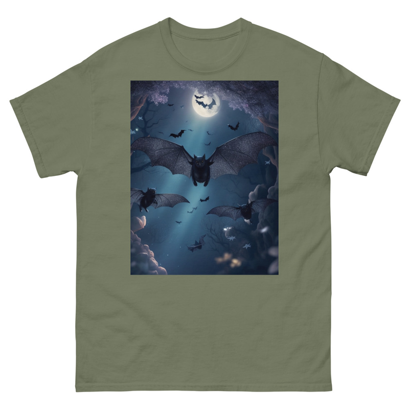 Mens Classic Tee Cute Black Bats Flying in Sparkles Forest Ocean Art T-shirt