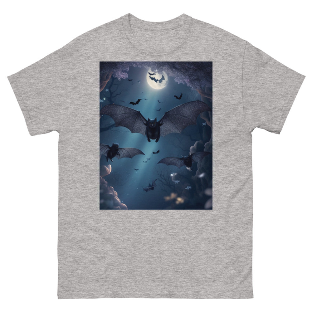Mens Classic Tee Cute Black Bats Flying in Sparkles Forest Ocean Art T-shirt
