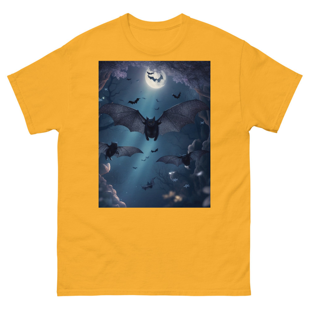Mens Classic Tee Cute Black Bats Flying in Sparkles Forest Ocean Art T-shirt