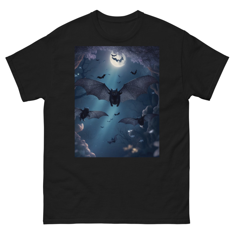 Mens Classic Tee Cute Black Bats Flying in Sparkles Forest Ocean Art T-shirt