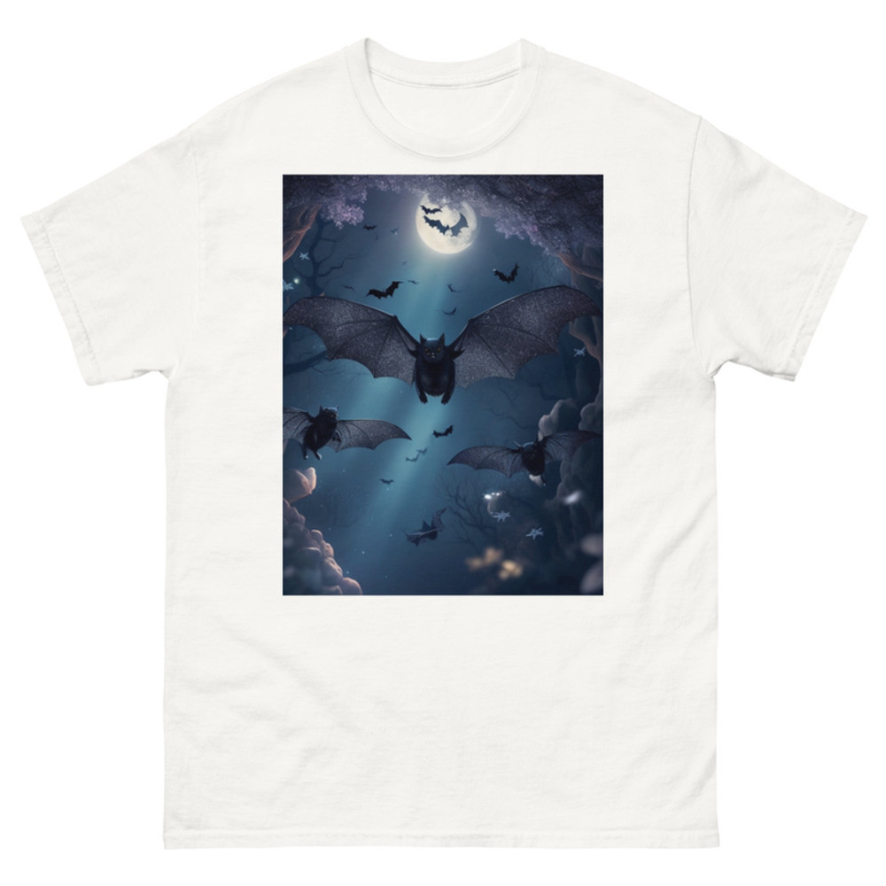 Mens Classic Tee Cute Black Bats Flying in Sparkles Forest Ocean Art T-shirt