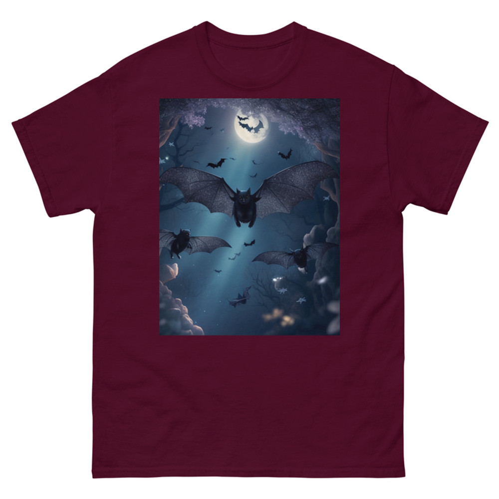 Mens Classic Tee Cute Black Bats Flying in Sparkles Forest Ocean Art T-shirt