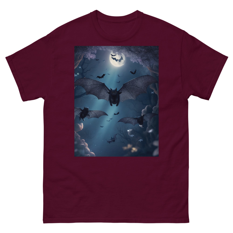 Mens Classic Tee Cute Black Bats Flying in Sparkles Forest Ocean Art T-shirt