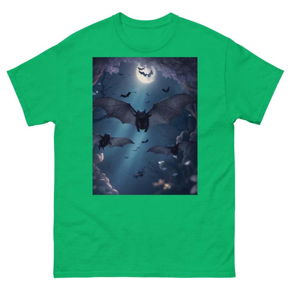 Mens Classic Tee Cute Black Bats Flying in Sparkles Forest Ocean Art T-shirt