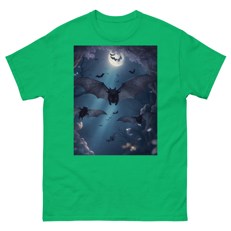 Mens Classic Tee Cute Black Bats Flying in Sparkles Forest Ocean Art T-shirt