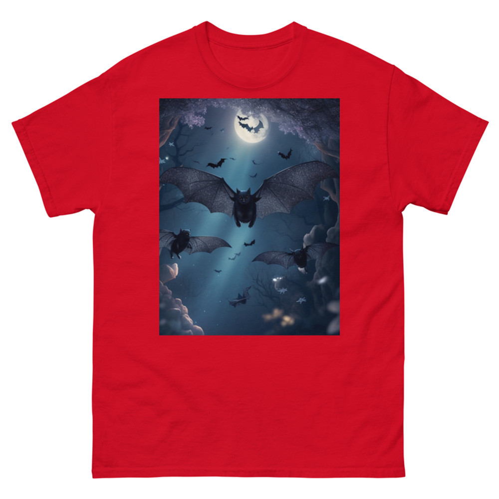Mens Classic Tee Cute Black Bats Flying in Sparkles Forest Ocean Art T-shirt