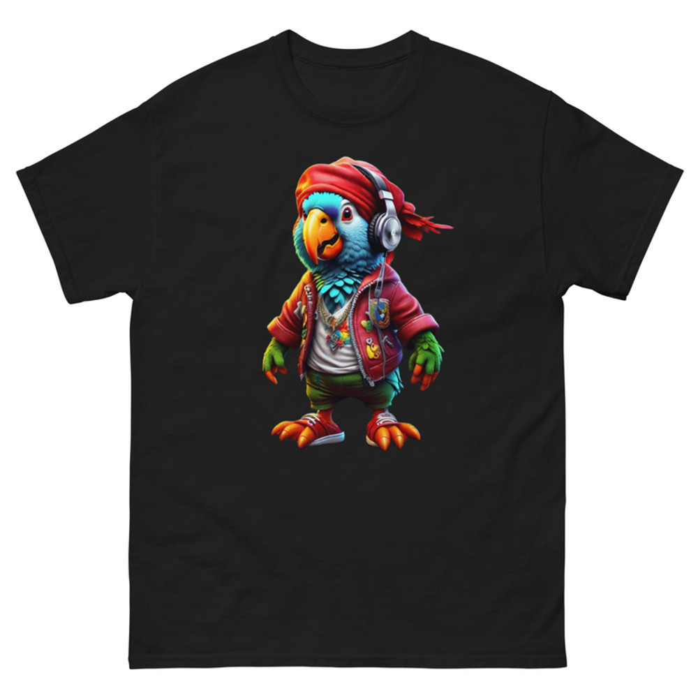 Mens Classic Tee Colorful Pirate Parrot Wearing Headphones Art T-shirt Clothes