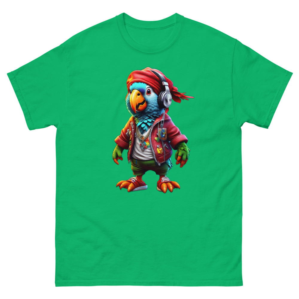 Mens Classic Tee Colorful Pirate Parrot Wearing Headphones Art T-shirt Clothes