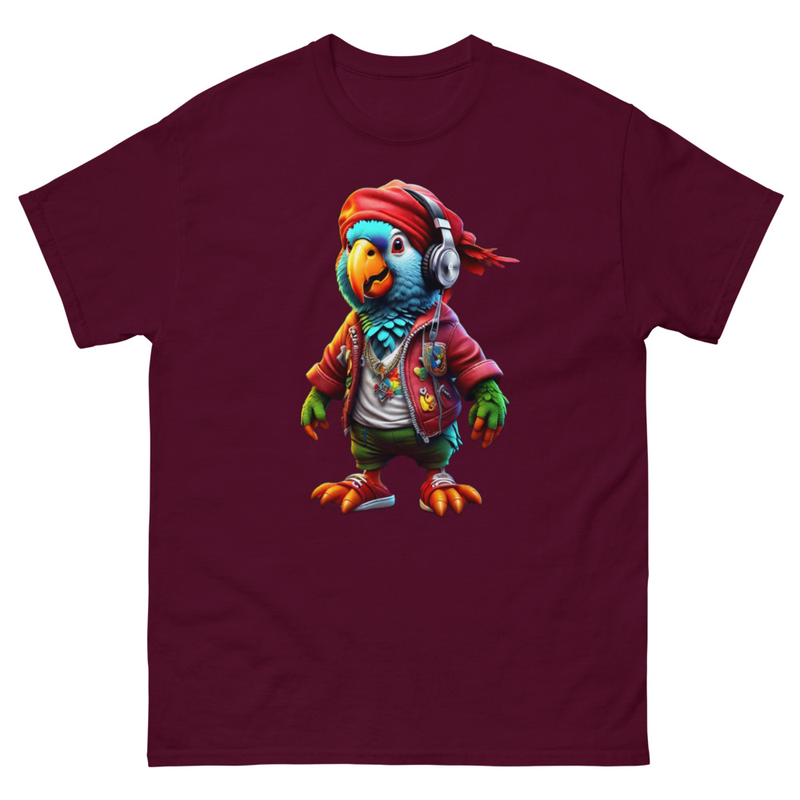 Mens Classic Tee Colorful Pirate Parrot Wearing Headphones Art T-shirt Clothes