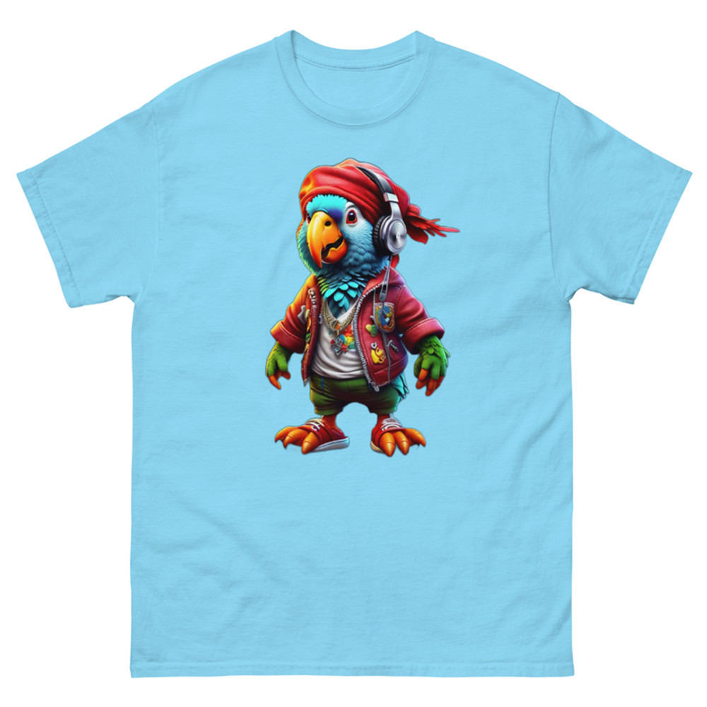 Mens Classic Tee Colorful Pirate Parrot Wearing Headphones Art T-shirt Clothes