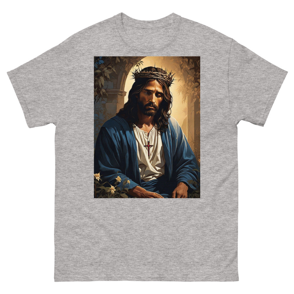 Mens Classic Tee Jesus with Crown Thorns Religious Art T-shirt Clothes Gift