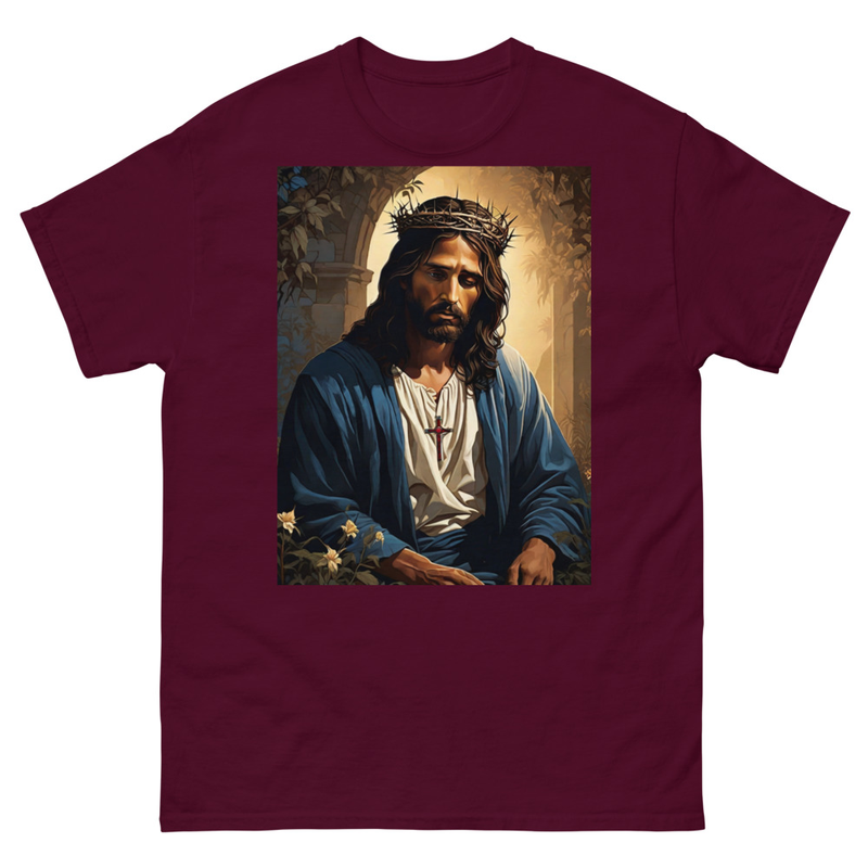 Mens Classic Tee Jesus with Crown Thorns Religious Art T-shirt Clothes Gift