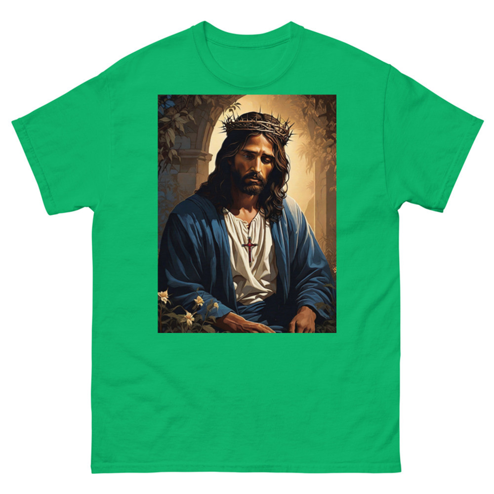 Mens Classic Tee Jesus with Crown Thorns Religious Art T-shirt Clothes Gift