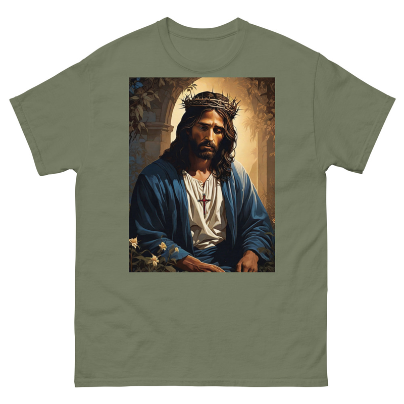 Mens Classic Tee Jesus with Crown Thorns Religious Art T-shirt Clothes Gift