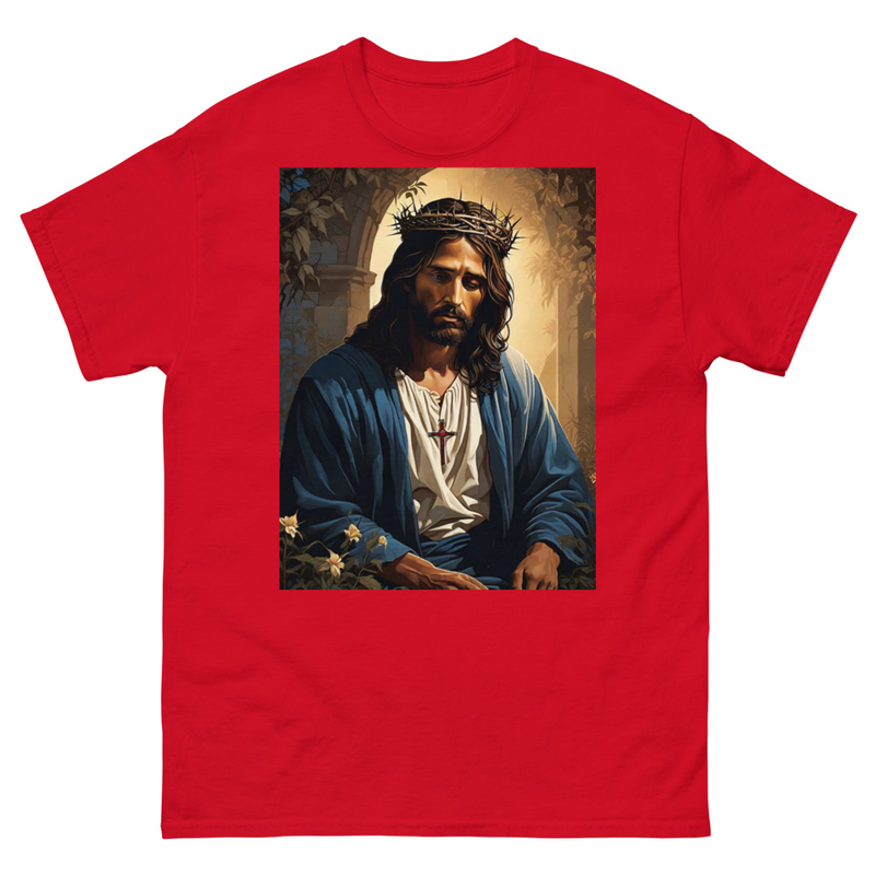 Mens Classic Tee Jesus with Crown Thorns Religious Art T-shirt Clothes Gift
