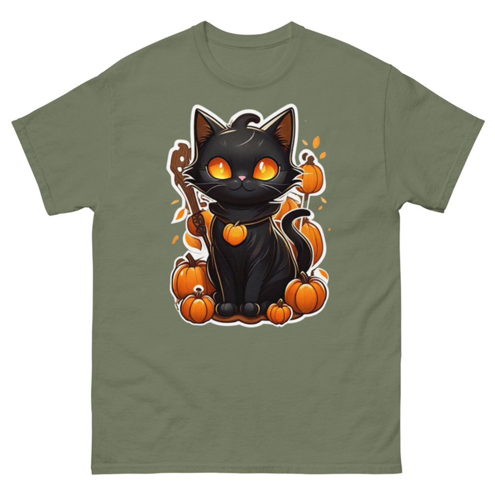 Mens Classic Tee Halloween Cute Black Cat T-shirt Animal Art Clothes Gift