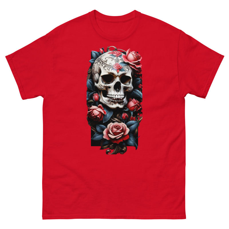 Mens Classic Tee Skull Tattoo Red Roses Art T-shirt Halloween Clothes Gift