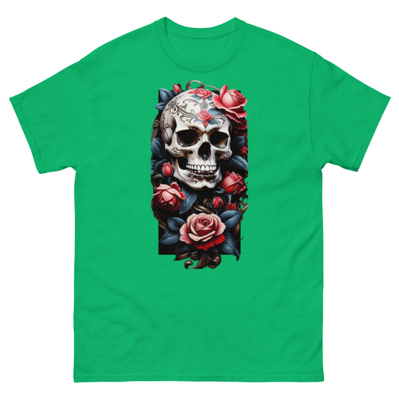 Mens Classic Tee Skull Tattoo Red Roses Art T-shirt Halloween Clothes Gift