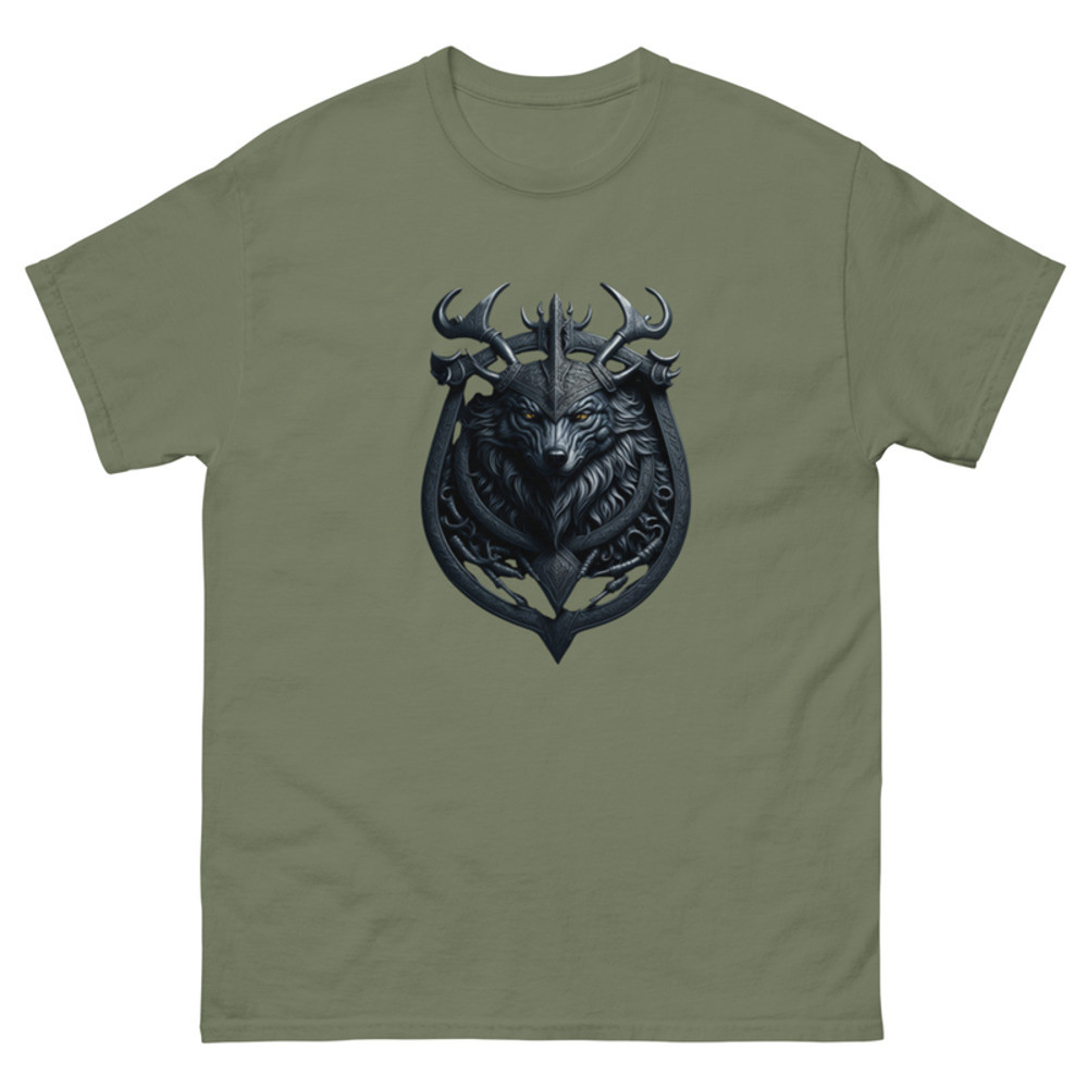 Mens Classic Tee Valhalla Wolf of Odin Viking Coat of Arms Art T-shirt Clothes