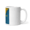 White glossy mug, with the yellow and the blue theme. "ENOUGH" word in the middle filled with yellow and blue colors.