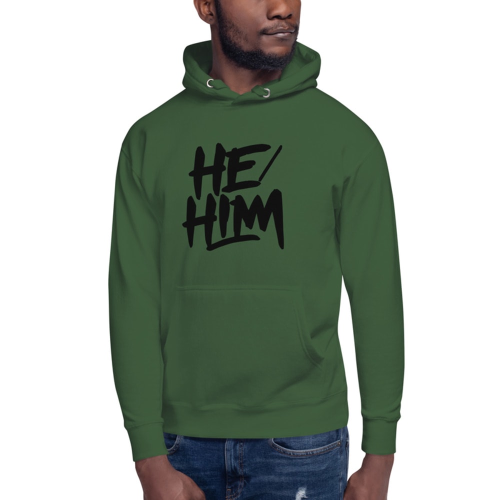 Unisex Hoodie featuring the words "he/him" in bold, black, graffiti-style lettering.