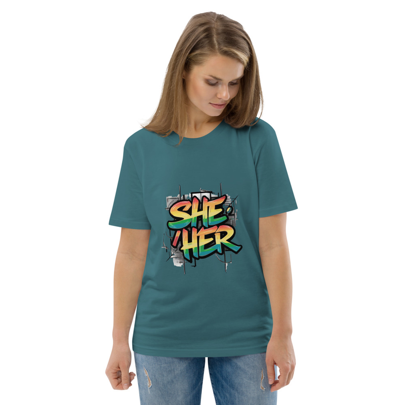 Unisex organic cotton t-shirt featuring the words "she/her"