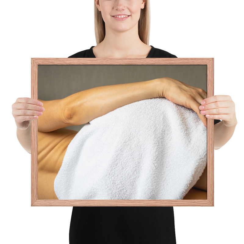 Framed photo paper poster. Lean female body. Picture good for home, office, clinic.
