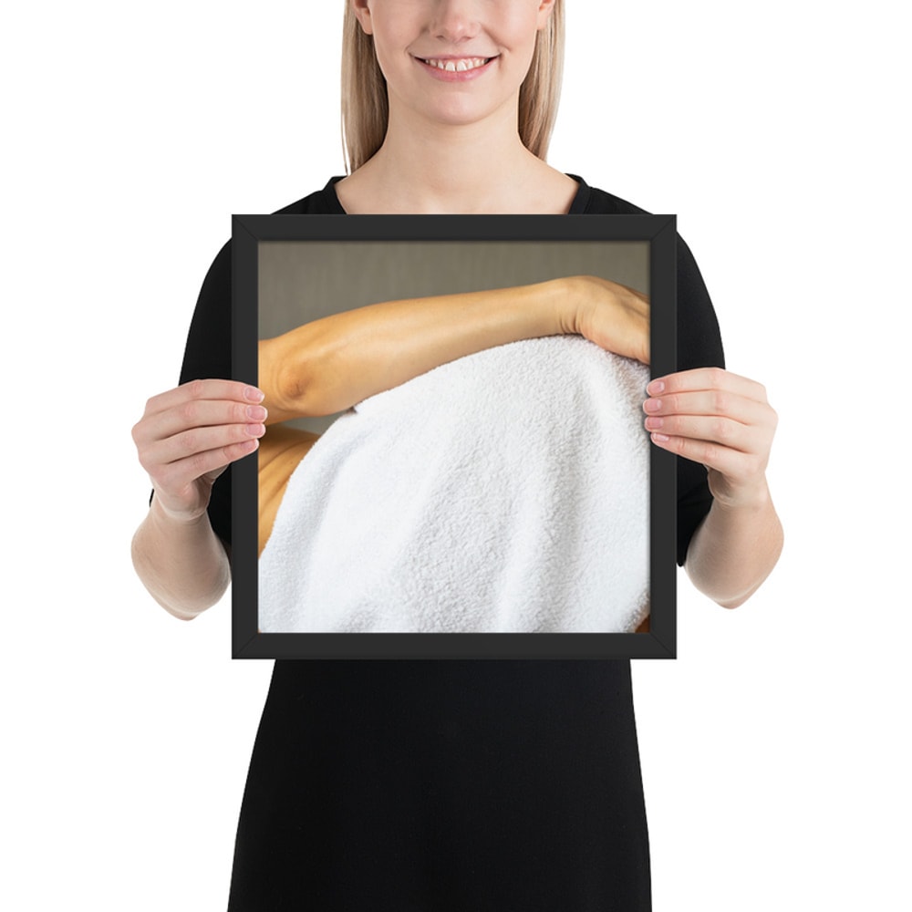 Framed photo paper poster. Lean female body. Picture good for home, office, clinic.