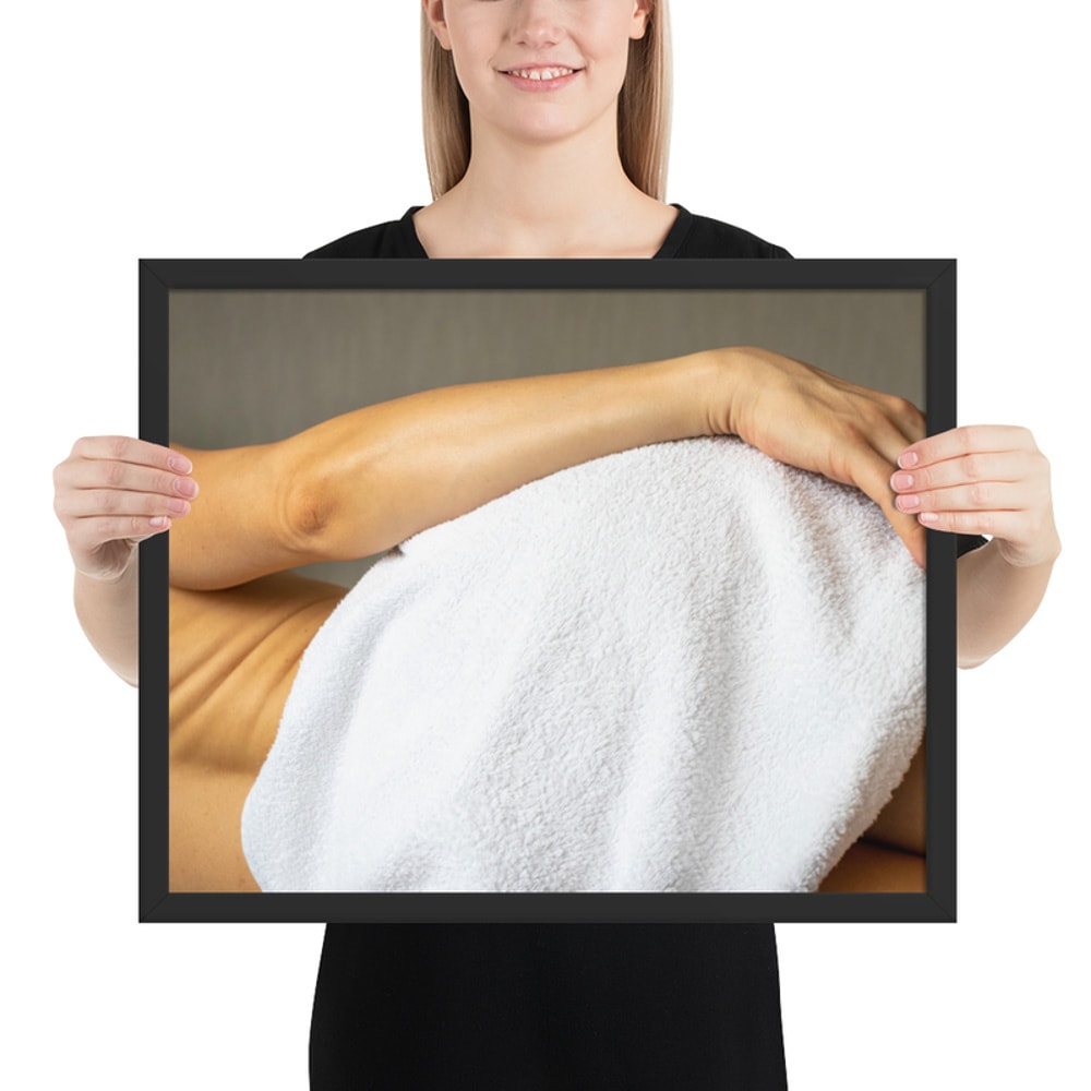 Framed photo paper poster. Lean female body. Picture good for home, office, clinic.