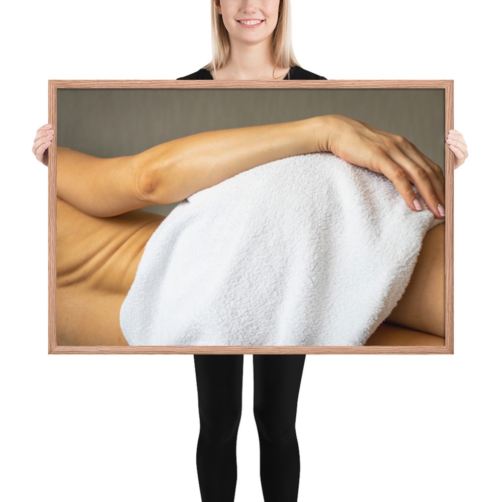 Framed photo paper poster. Lean female body. Picture good for home, office, clinic.