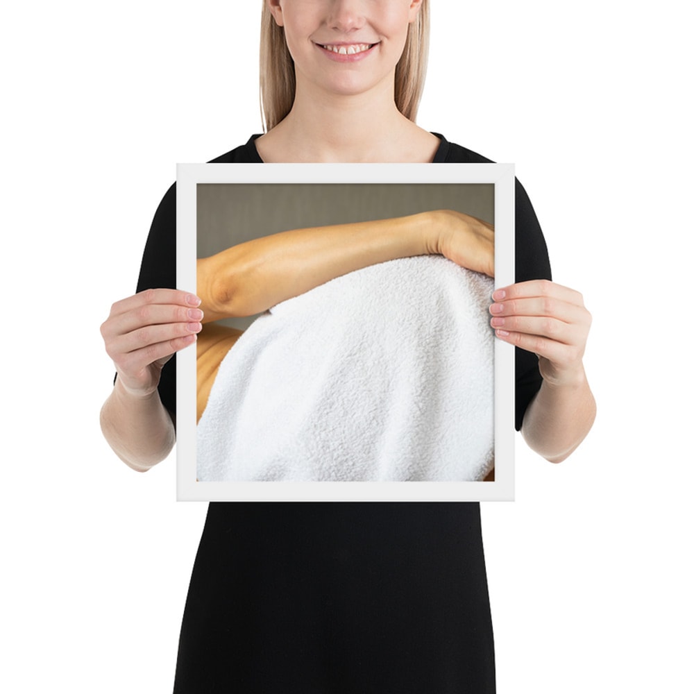 Framed photo paper poster. Lean female body. Picture good for home, office, clinic.