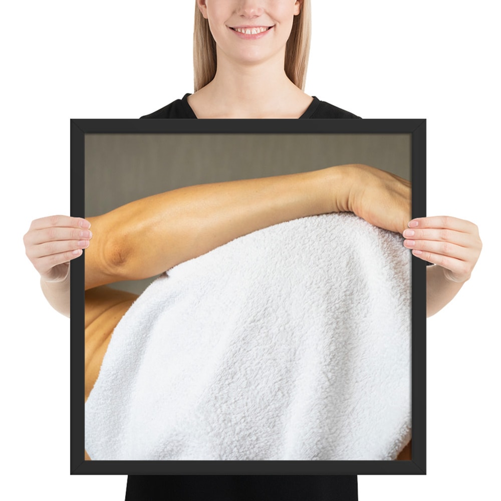 Framed photo paper poster. Lean female body. Picture good for home, office, clinic.