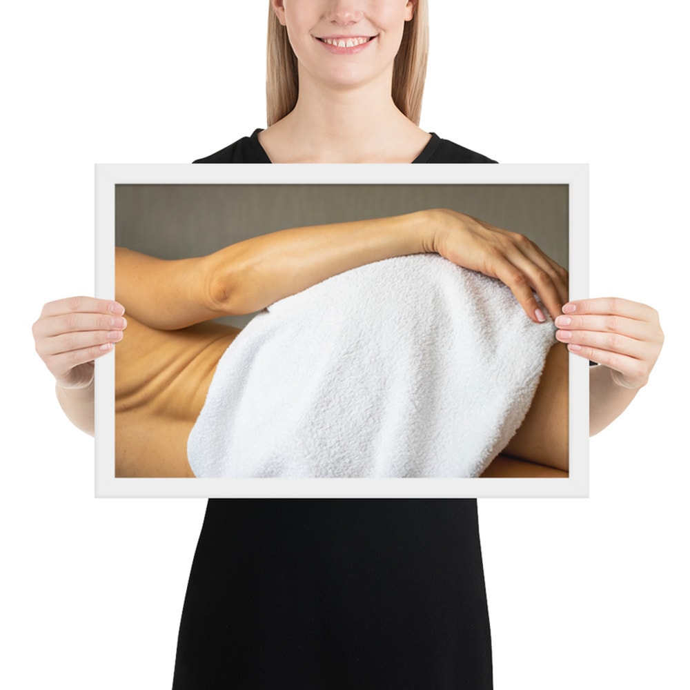 Framed photo paper poster. Lean female body. Picture good for home, office, clinic.