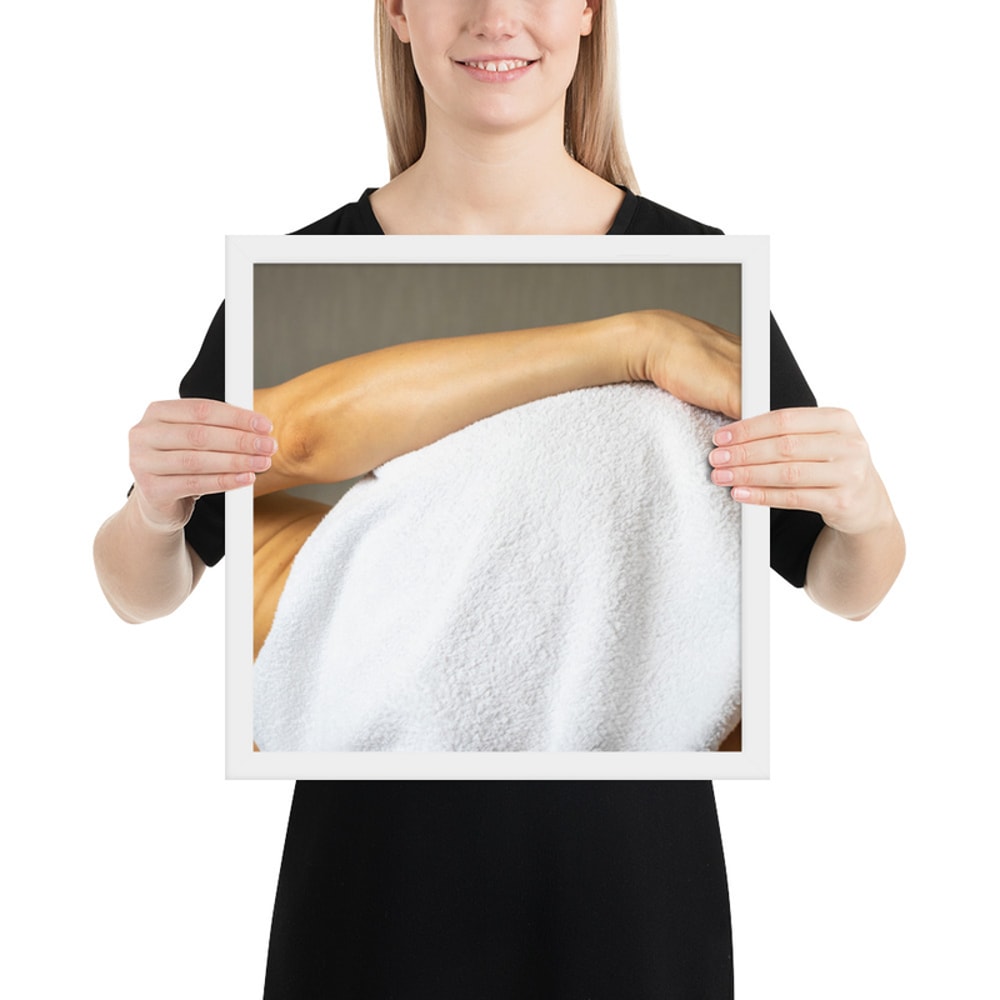 Framed photo paper poster. Lean female body. Picture good for home, office, clinic.