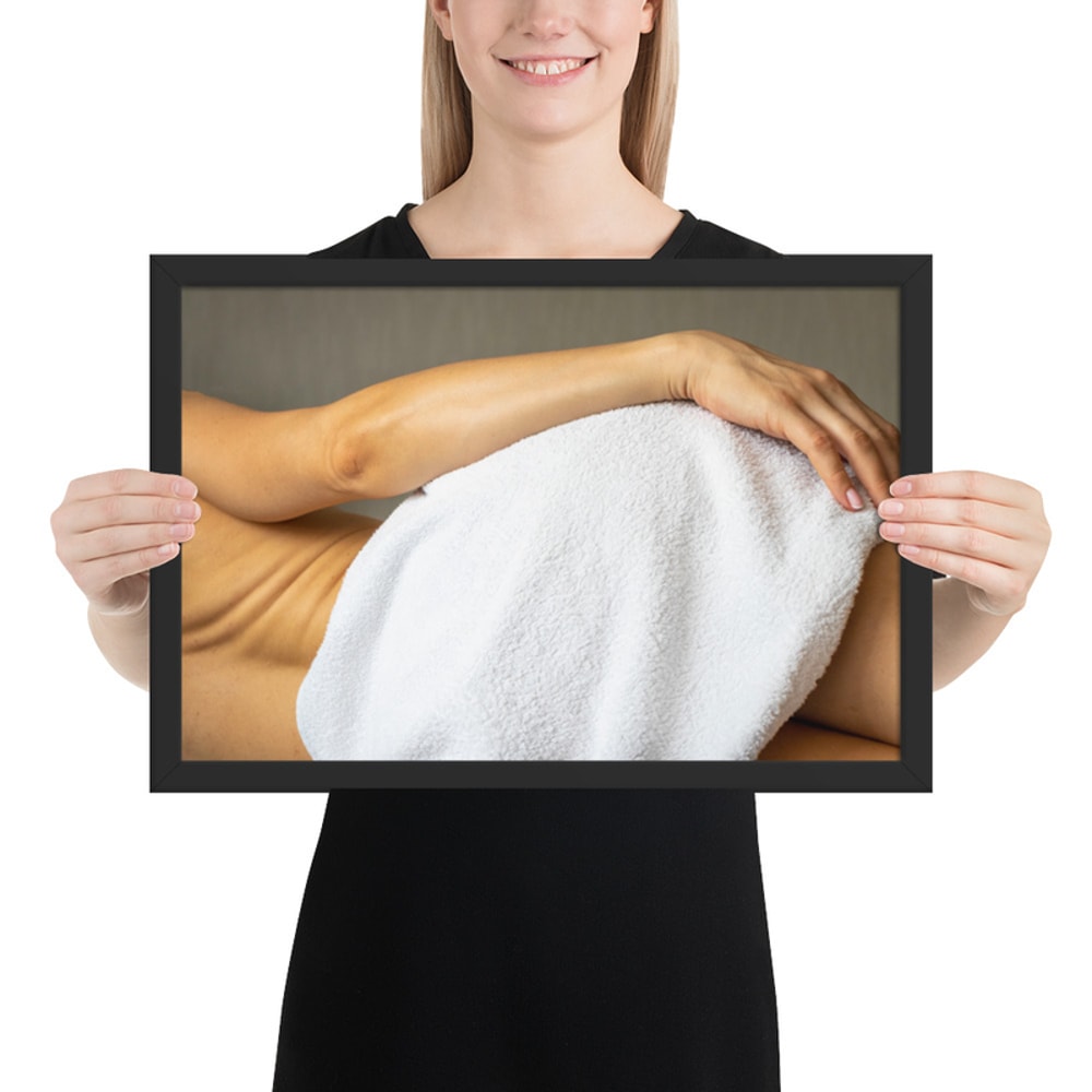 Framed photo paper poster. Lean female body. Picture good for home, office, clinic.