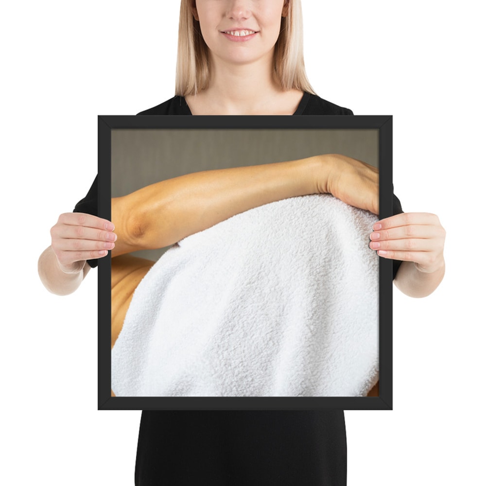 Framed photo paper poster. Lean female body. Picture good for home, office, clinic.