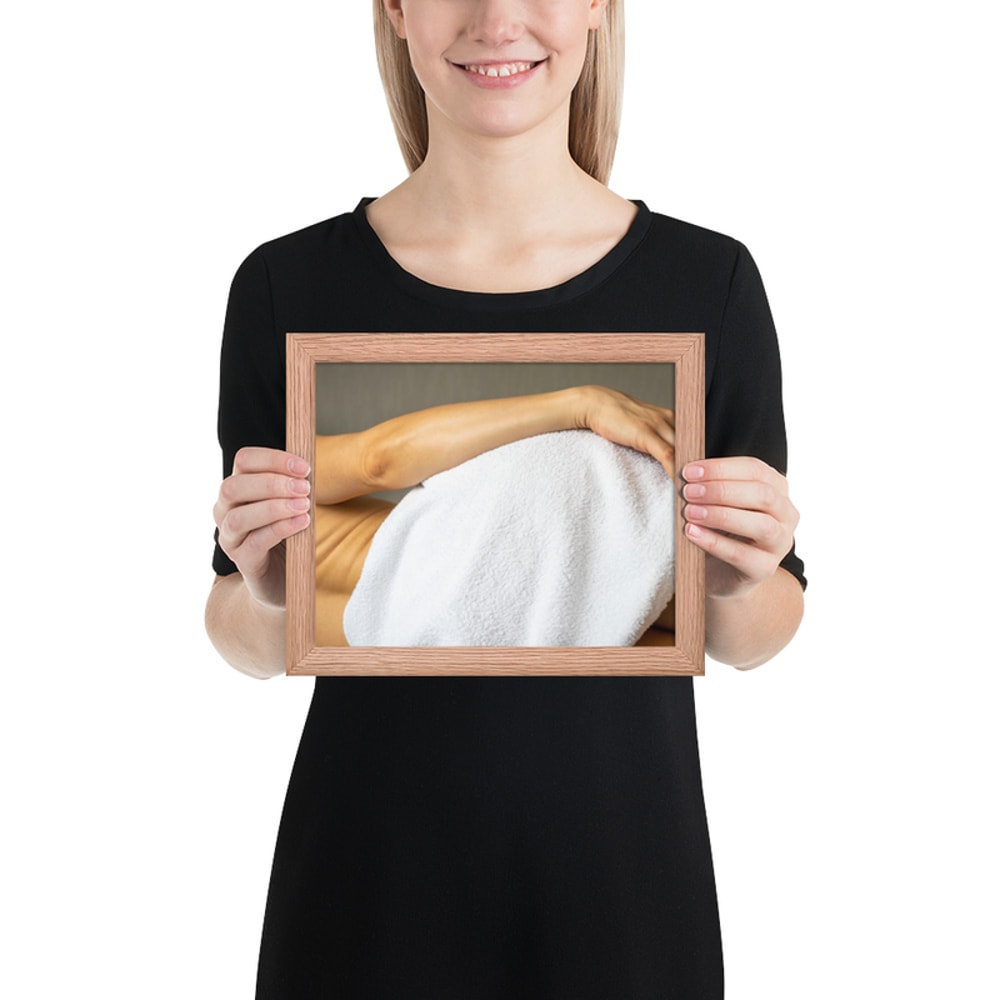 Framed photo paper poster. Lean female body. Picture good for home, office, clinic.