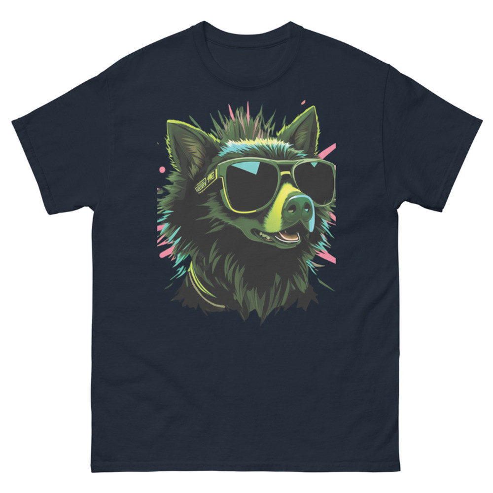 The Dog Has A Dark Fur Coat With Neon Blue And Pink 1
