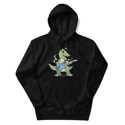 an anime-style dinosaur playing an electric guitar.- unisex hoodie