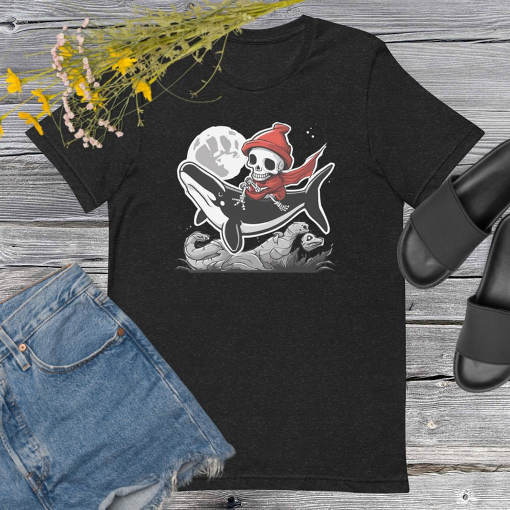 Skeleton Riding Mummy Orca Halloween Unisex Tshirt 1