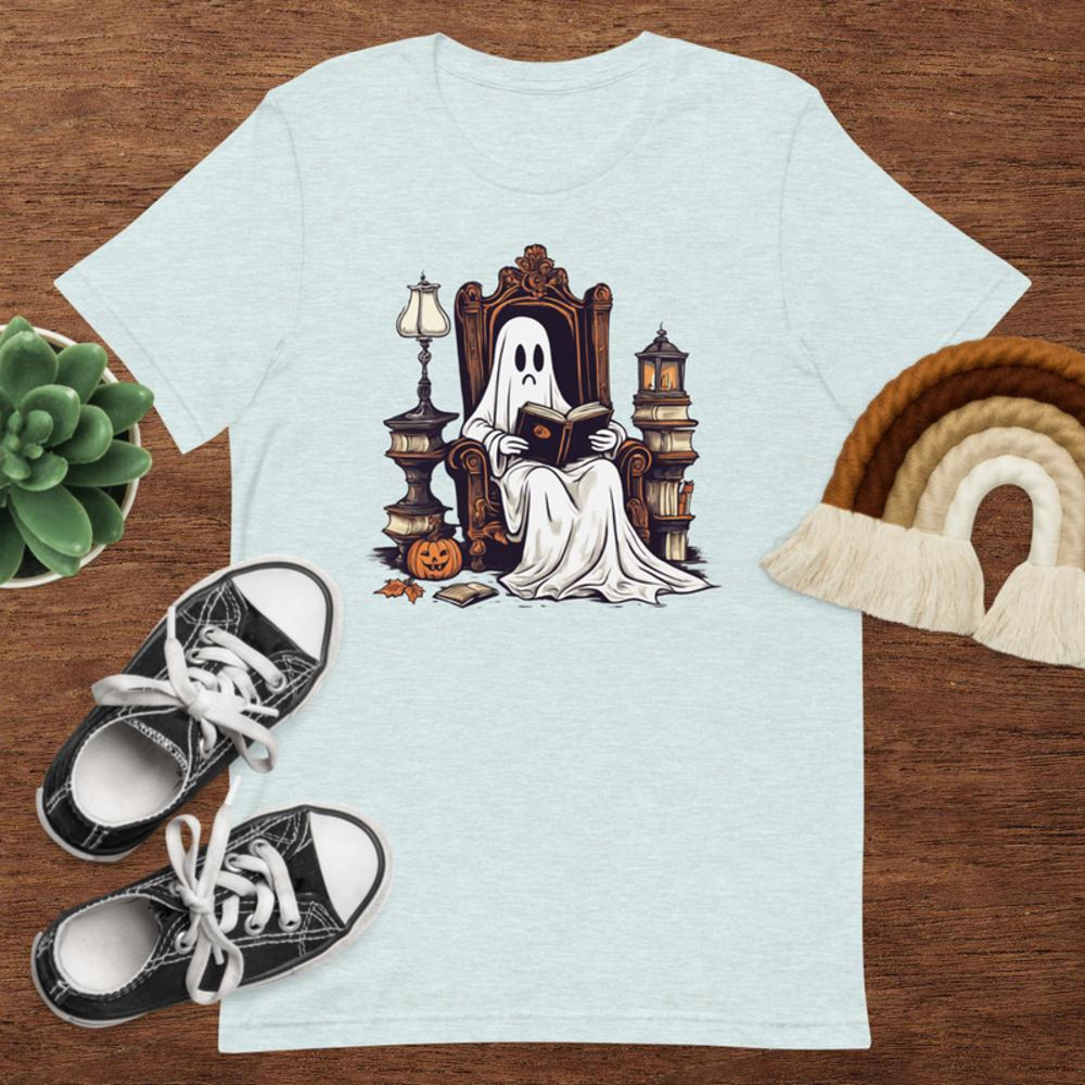 Vintage Ghost Book Reading Pumpkin Gothic Halloween Teachers Tshirt 9