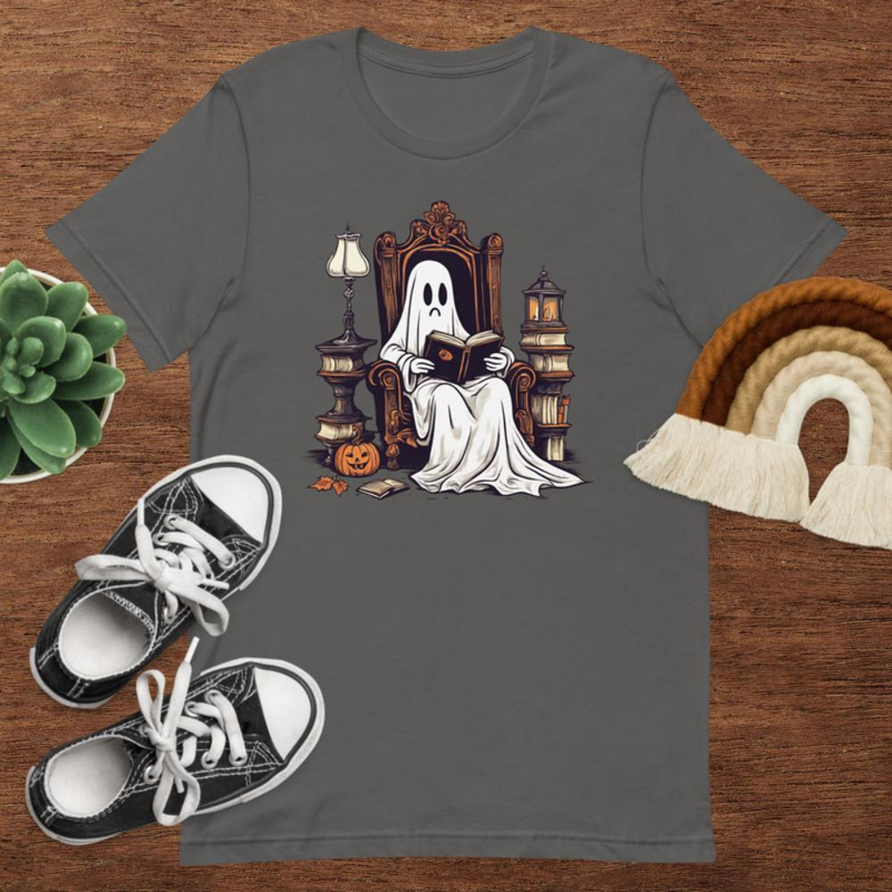 Vintage Ghost Book Reading Pumpkin Gothic Halloween Teachers Tshirt 1