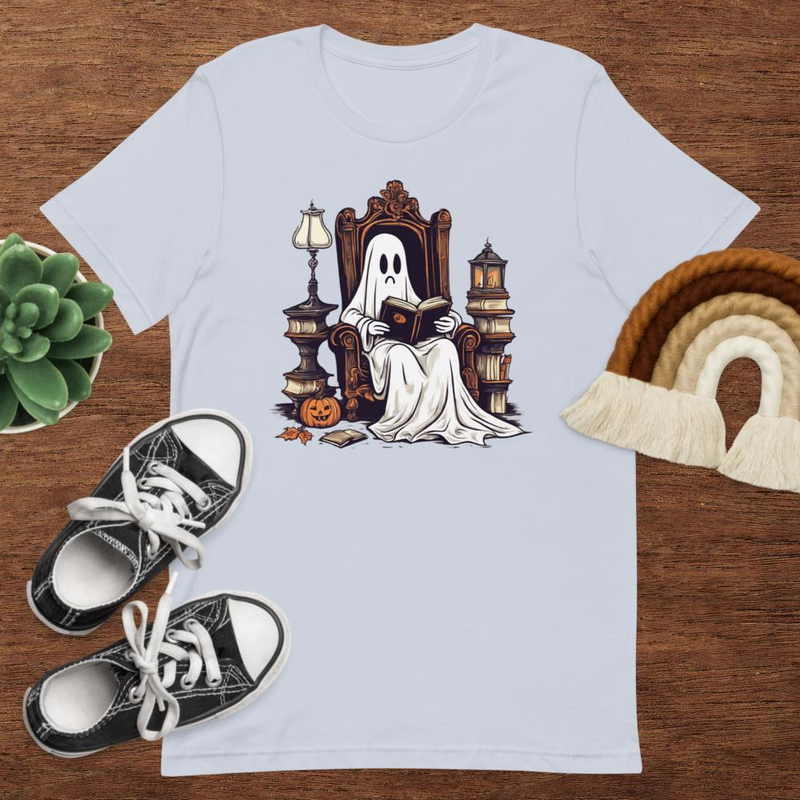 Vintage Ghost Book Reading Pumpkin Gothic Halloween Teachers Tshirt 4