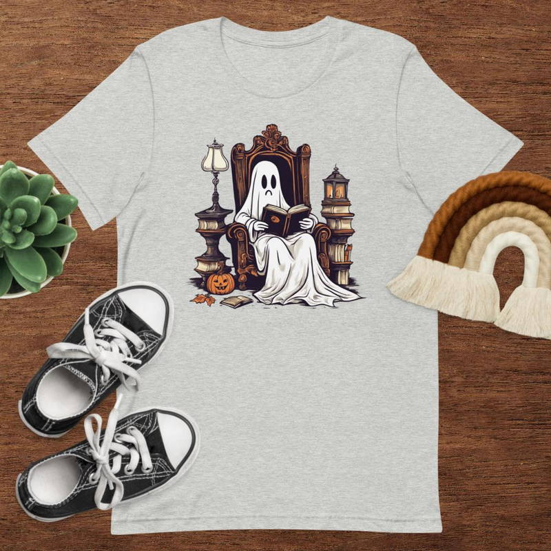 Vintage Ghost Book Reading Pumpkin Gothic Halloween Teachers Tshirt 3
