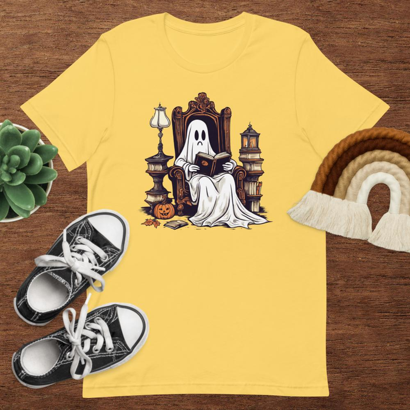 Vintage Ghost Book Reading Pumpkin Gothic Halloween Teachers Tshirt 7